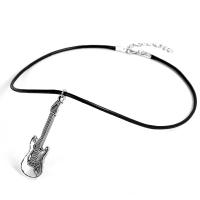Zinc Alloy Necklace, with leather cord, with 5cm extender chain, Guitar, vintage & Unisex, silver color Approx 45 cm 