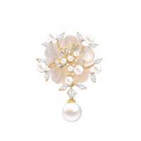 Shell Brooch, Brass, with Shell & Plastic Pearl, Oriental Cherry, gold color plated, micro pave cubic zirconia & for woman 
