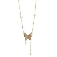 Natural Freshwater Pearl Necklace, Zinc Alloy, with Freshwater Pearl, with 7cm extender chain, Butterfly, gold color plated, micro pave cubic zirconia & for woman Approx 42 cm 