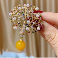 Resin Brooch, Brass, with Resin & Plastic Pearl, Tree, real gold plated, micro pave cubic zirconia & for woman 