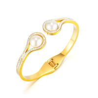 Stainless Steel Cuff Bangle, 304 Stainless Steel, with Plastic Pearl, Vacuum Ion Plating, fashion jewelry & micro pave cubic zirconia & for woman 4.5mm Approx 6.69 Inch 