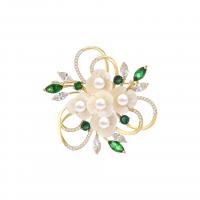 Shell Brooch, Brass, with Shell, Flower, gold color plated, micro pave cubic zirconia & for woman 
