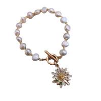 Zinc Alloy Pearl Bracelets, Freshwater Pearl, with Zinc Alloy, Chrysamthemum, gold color plated, for woman & enamel Approx 17-18 cm 