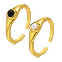Brass Finger Ring, with Black Agate & Plastic Pearl, Vacuum Ion Plating, fashion jewelry & for woman, golden, 6.7mm 