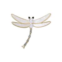 Shell Brooch, Zinc Alloy, with Shell & Plastic Pearl, Dragonfly, gold color plated, for woman & with rhinestone, white 