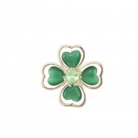 Cats Eye Brooch, Zinc Alloy, with Cats Eye, Four Leaf Clover, gold color plated, for woman & with rhinestone, green 