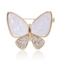 Shell Brooch, Zinc Alloy, with Shell, Butterfly, gold color plated, for woman & with rhinestone, white 