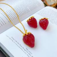 Resin Jewelry Sets, Brass, with Resin, Strawberry, gold color plated, fashion jewelry & for woman 