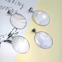 Natural Freshwater Shell Pendants, Pearl Oyster, with Zinc Alloy, Oval, silver color plated, Unisex, white 