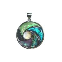 Natural Freshwater Shell Pendants, with Zinc Alloy, Flat Round, silver color plated, Unisex & enamel & hollow 