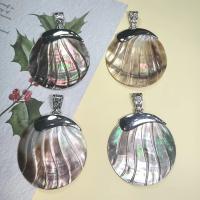 Natural Freshwater Shell Pendants, Black Lip Shell, with Zinc Alloy, Round, silver color plated, Unisex, multi-colored 