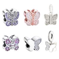 Cubic Zirconia Sterling Silver European Beads, 925 Sterling Silver, Butterfly, plated, DIY & micro pave cubic zirconia 9.5-18mm 