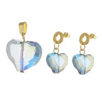 Crystal Jewelry Sets, 316 Stainless Steel, pendant & earring, with Crystal, Heart, 2 pieces & fashion jewelry & for woman, multi-colored 