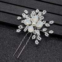 Hair Stick, Zinc Alloy, with Seedbead & Plastic Pearl, fashion jewelry & for woman & with rhinestone, silver color 