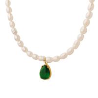 Natural Freshwater Pearl Necklace, with Titanium Steel & Cubic Zirconia, with 7cm extender chain, Teardrop, Vacuum Ion Plating, for woman Approx 36 cm 