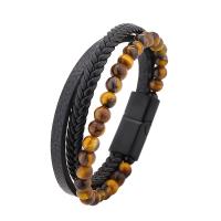 PU Leather Cord Bracelets, with Tiger Eye & Zinc Alloy, plated, multilayer & for man Approx 22 cm 
