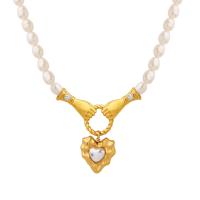 Natural Freshwater Pearl Necklace, with Glass Rhinestone & Titanium Steel, with 5cm extender chain, Heart, Vacuum Ion Plating, for woman Approx 43 cm 