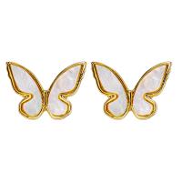 Boucles d'oreilles en coquille blanche, laiton, avec coquille blanche, papillon, Plaqué d'or, bijoux de mode & pour femme, 13mm, Vendu par paire