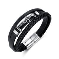 Leatheroid Cord Bracelets, Synthetic Leather, with 304 Stainless Steel, polished, fashion jewelry & multilayer & for man, black, 13mm Approx 8.27 Inch 