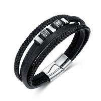 Leatheroid Cord Bracelets, Synthetic Leather, with 304 Stainless Steel, handmade, fashion jewelry & multilayer & for man, black, 11mm Approx 8.27 Inch 