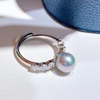 Cultured Freshwater Pearl Finger Ring, Akoya Cultured Pearls, with Brass, fashion jewelry & for woman & with rhinestone, 7-8mm 