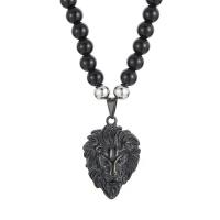 Black Agate Necklace, with 316L Stainless Steel, Lion, Vacuum Ion Plating, vintage & for man cm 