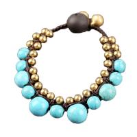 Turquoise Brass Bracelets, with turquoise & Wax Cord, gold color plated, Bohemian style & for woman Approx 7.3 Inch 