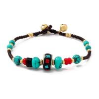 Turquoise Brass Bracelets, with Seedbead & Thailand Waxed Thread & turquoise, gold color plated, folk style & Unisex Approx 7.3 Inch 