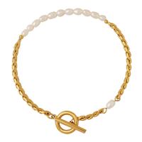 Cultured Freshwater Pearl Bracelets, Titanium Steel, with Freshwater Pearl, Vacuum Ion Plating, for woman, golden Approx 17 cm 
