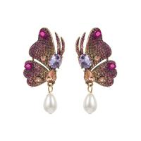 Plastic Pearl Zinc Alloy Earring, with Plastic Pearl, Butterfly, gold color plated, for woman & with rhinestone 