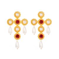 Plastic Pearl Zinc Alloy Earring, with Plastic Pearl, Cross, gold color plated, for woman & with rhinestone 