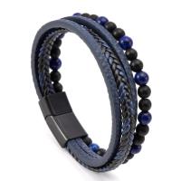 PU Leather Cord Bracelets, Microfiber PU, with Tiger Eye & Zinc Alloy, fashion jewelry & multilayer & for man Approx 8.3 Inch [