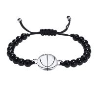 Black Agate Bracelets, with Nylon Cord & 304 Stainless Steel, Basketball, Adjustable & fashion jewelry & for man, 6mm,24.3mm Approx 5.9-10.2 Inch 