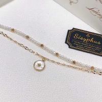 Bracelets de perles En alliage de zinc , perle d'eau douce cultivée, avec coquille blanche & alliage de zinc, Placage de couleur d'or, Double couche & bijoux de mode & pour femme, blanc, 3-4mm Environ 7 pouce, Vendu par PC