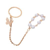 Zinc Alloy Double Chain Link Finger Ring, with Plastic Pearl, gold color plated, fashion jewelry & for woman, golden, nickel, lead & cadmium free 