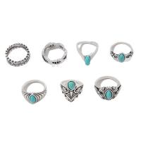 Zinc Alloy Ring Set, with turquoise, polished, 7 pieces & fashion jewelry & for woman, two different colored, nickel, lead & cadmium free 