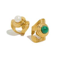 Gemstone Stainless Steel Finger Ring, 304 Stainless Steel, with Malachite, 18K gold plated, fashion jewelry & for woman 