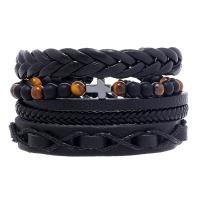 Wrap Bracelets, PU Leather, with Wax Cord & Tiger Eye, handmade, Adjustable & three pieces & fashion jewelry & Unisex, black 