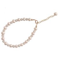 Cultured Freshwater Pearl Brass Bracelet, with Freshwater Pearl, with 1.97inch extender chain, 14K gold plated, for woman & with rhinestone Approx 6.1 Inch [