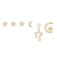 Cubic Zirconia Micro Pave Brass Earring, Moon and Star, gold color plated, 6 pieces & micro pave cubic zirconia & for woman, 3-12mm [