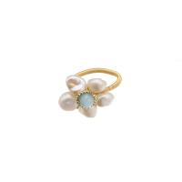 Cultured Freshwater Pearl Finger Ring, with Aquamarine & Brass, Flower, 18K gold plated, fashion jewelry & for woman, 20mm 