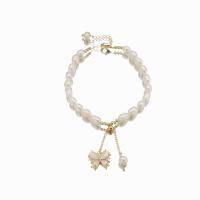 Cultured Freshwater Pearl Brass Bracelet, with Brass, Butterfly, 18K gold plated, fashion jewelry & micro pave cubic zirconia & for woman Approx 8.3 Inch 