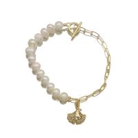 Cultured Freshwater Pearl Brass Bracelet, with Brass, Ginkgo Leaf, 18K gold plated, fashion jewelry & for woman Approx 7.5 Inch 