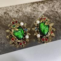 Gemstone Stud Earring, Brass, with Emerald & Plastic Pearl, real gold plated, fashion jewelry & for woman & with rhinestone, 37mm 