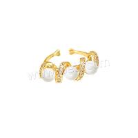 Cubic Zirconia Micro Pave Brass Finger Ring, with Plastic Pearl, high quality plated, fashion jewelry & micro pave cubic zirconia & for woman, golden 
