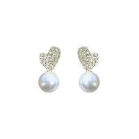 Plastic Pearl Zinc Alloy Earring, with Zinc Alloy, Heart, gold color plated, Korean style & for woman & with rhinestone 
