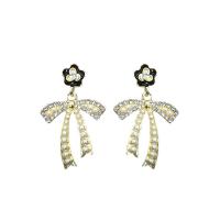 Zinc Alloy Rhinestone Drop Earring, Plastic Pearl, with Zinc Alloy, Bowknot, gold color plated, Korean style & for woman & enamel & with rhinestone 