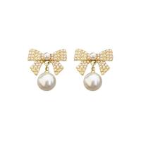 Plastic Pearl Zinc Alloy Earring, with Zinc Alloy, Bowknot, gold color plated, Korean style & for woman 
