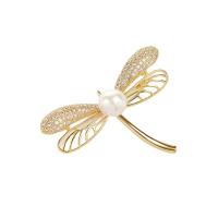 Freshwater Pearl Brooch, Brass, with Freshwater Pearl, Dragonfly, Vacuum Ion Plating, fashion jewelry & micro pave cubic zirconia 