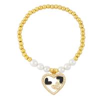 Cubic Zirconia Micro Pave Brass Bracelet, with Plastic Pearl, Heart, Vacuum Ion Plating, micro pave cubic zirconia & enamel cm 